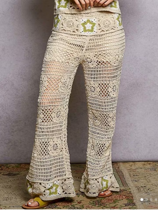 POL Pants - POL Cream Crochet Wide-Leg Pants with Green Star Accents